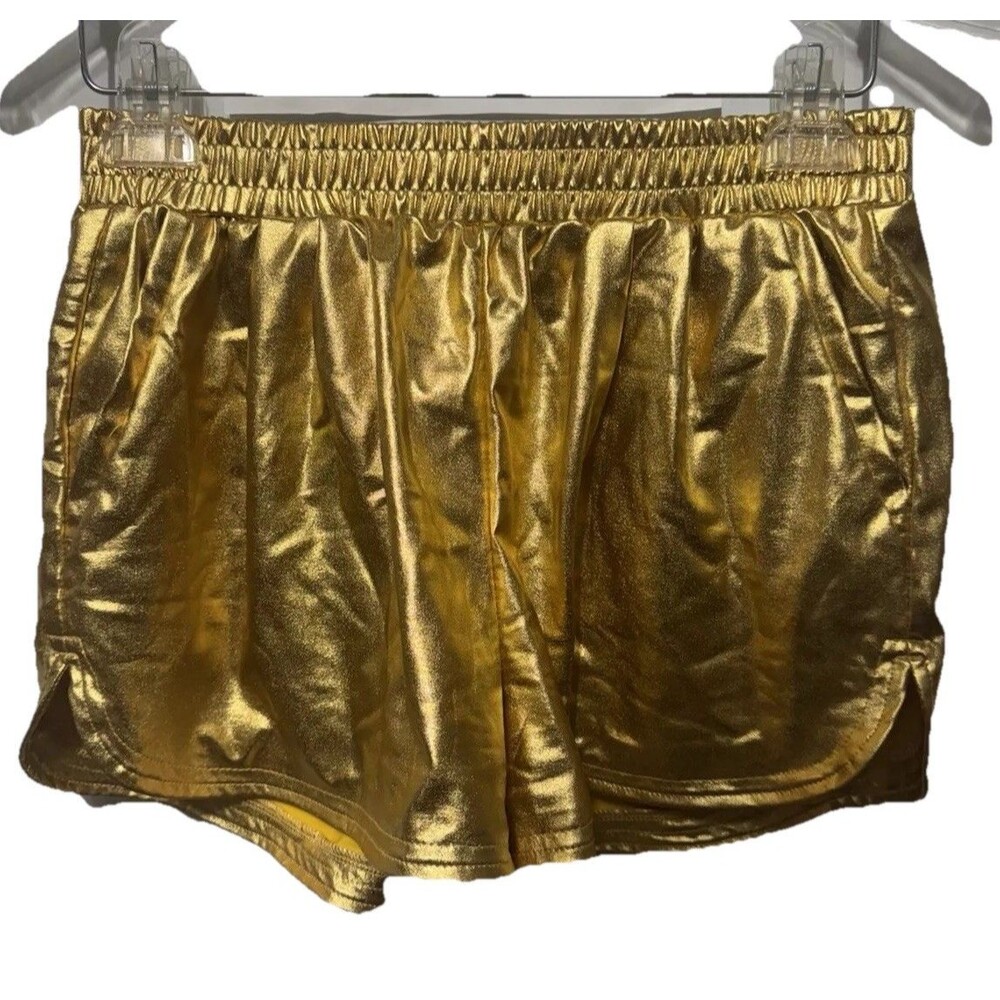 SweatyRocks Hot Pants Shorts Pockets Elastic Waist Shiny Metallic Gold Large